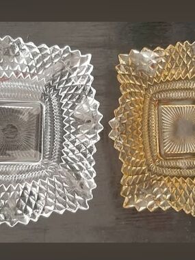 Vintage Pressed Glass Square Dishes - Clear and Amber